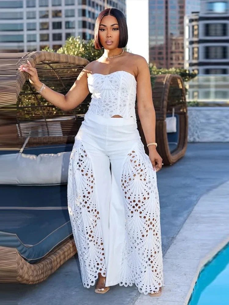 Strapless Eyelet Crop Top & Pants Set - HalleBeauty